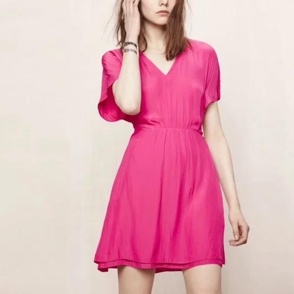 Maje V Neck Short Sleeve Fuschia Pink Flowy Mini Dress - 3 (approx M) - Picture 16 of 16